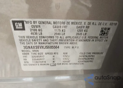 2018 Chevrolet Equinox Lt z USA, uszkodzony, nr VIN 3GNAXSEVXJS605564